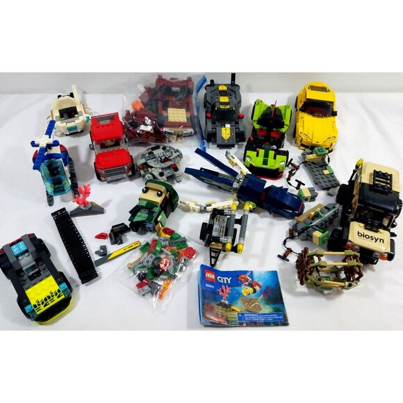 Mixed Lot Lego vehicles 4 Cars Jurassic Park Jeep Red Truck Squid Helicopter - Picture 1 of 13
